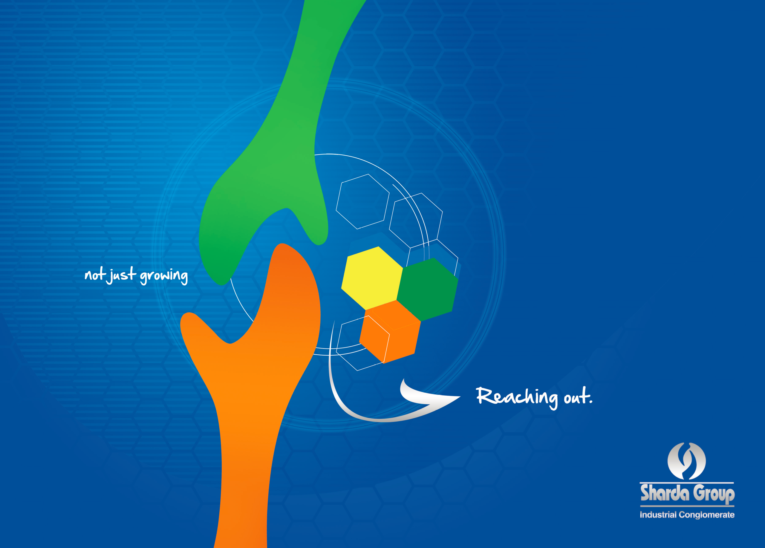 Sardha Group logo featuring a modern building skyline enclosed by gold and blue circular swooshes.